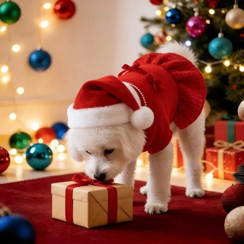 Red Festive Pet Dog Dress Winter Thick Bow Skirt New Year Wedding Party Costume for Small Dogs Puppy Holiday Outfit
