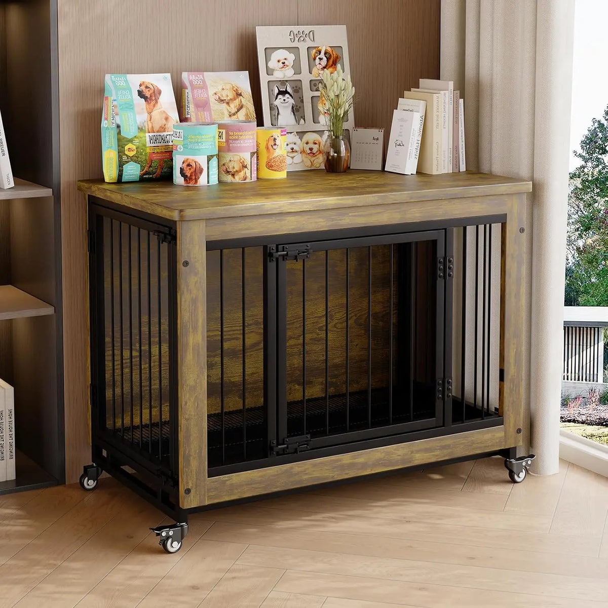 38 Inch Dog Crate Furniture Wooden Dog Kennel End Table with 3 Doors Locking Wheels Removable Tray Divider Indoor Pet Cage Side Table for Small Medium Dogs Retro Brown