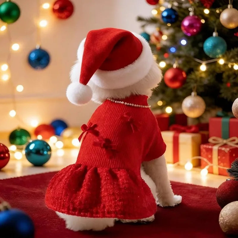 Red Festive Pet Dog Dress Winter Thick Bow Skirt New Year Wedding Party Costume for Small Dogs Puppy Holiday Outfit