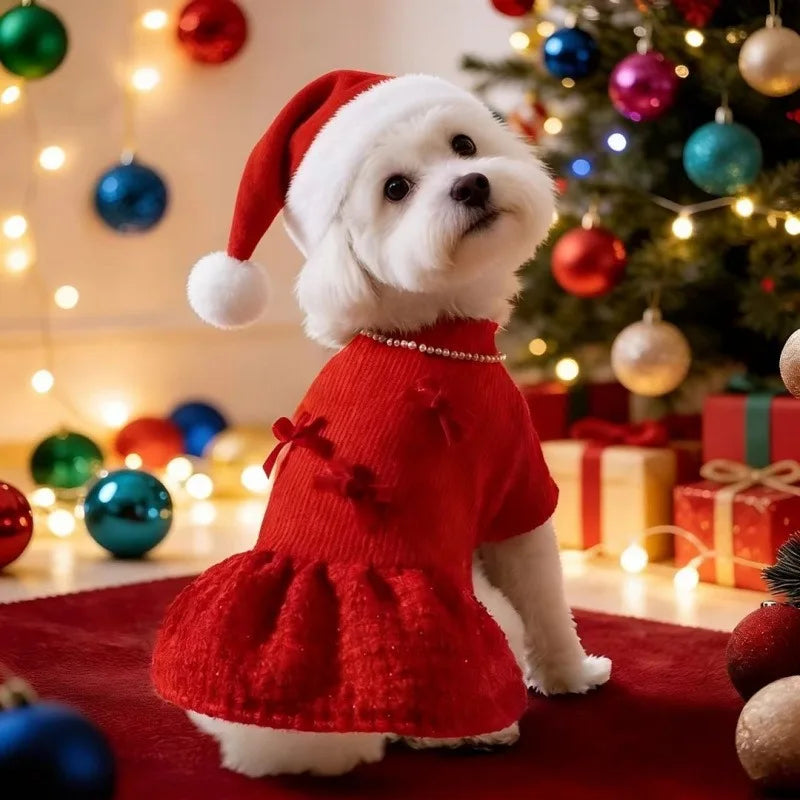Red Festive Pet Dog Dress Winter Thick Bow Skirt New Year Wedding Party Costume for Small Dogs Puppy Holiday Outfit