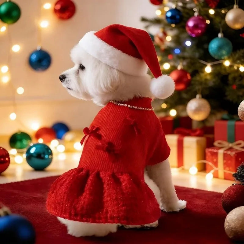 Red Festive Pet Dog Dress Winter Thick Bow Skirt New Year Wedding Party Costume for Small Dogs Puppy Holiday Outfit