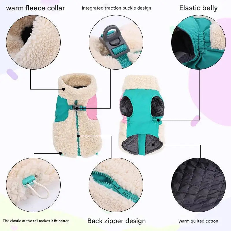 Winter Dog Coat Warm Windproof Lamb Fleece Vest Leash Clip Soft Pet Jacket Puppy Walking Cold Weather Outdoor Apparel