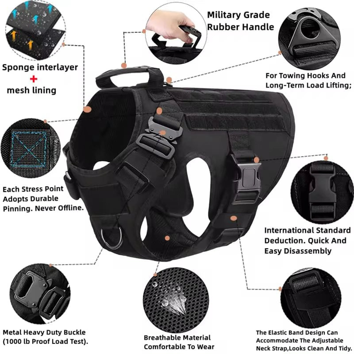 Tactical Dog Harness Collar Leash Molle Pouches For Medium Large Dogs Pet German Shepherd Training Walking Vest Dog Harnesses