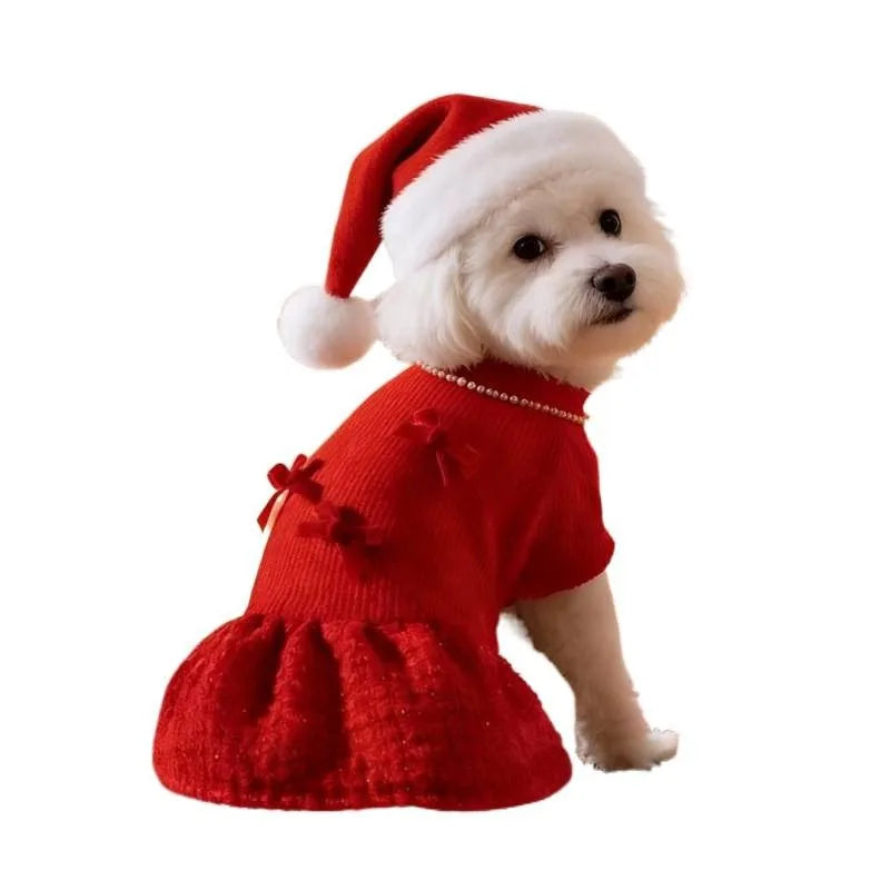 Red Festive Pet Dog Dress Winter Thick Bow Skirt New Year Wedding Party Costume for Small Dogs Puppy Holiday Outfit